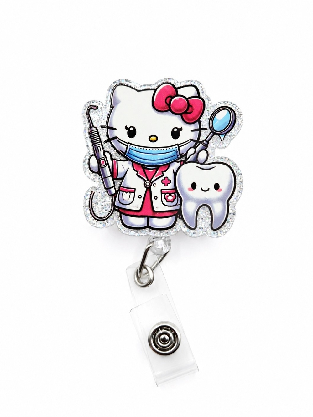Hello Kitty Dental Care Badge Reel Alligator Clip — Pink, White & Blue
